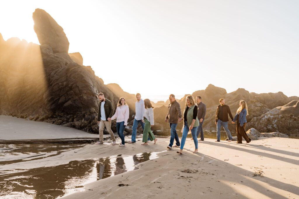 Family checking out tide pools in Lincoln City, Oregon