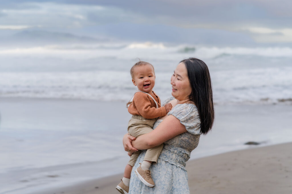 Mom and son in Pacific City, Oregon for family photos 